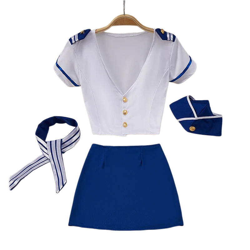 Garter Belt Set - Damen Sexy Flugbegleiterinnen-Uniform-Set V-Ausschnitt Crop Top