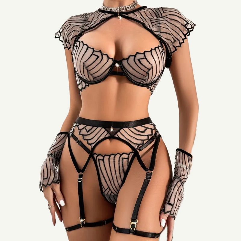 Garter Belt Set - Schwarzes geometrisch besticktes BH- und Höschen-Dessous-Set